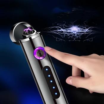 2022 Nový Dual Arc Plasma Elektrický Zapalovač Kovový Větruodolný USB Zapalovač Nabíjení Displej Otisků prstů Touch Přenosný Zapalovač