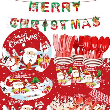 Veselé Vánoční Party Jednorázové Nádobí Sada Papírové Talíře Papírové Kelímky Ubrousky Vánoční Ozdoby Pro Domácí Vánoční Ozdoby