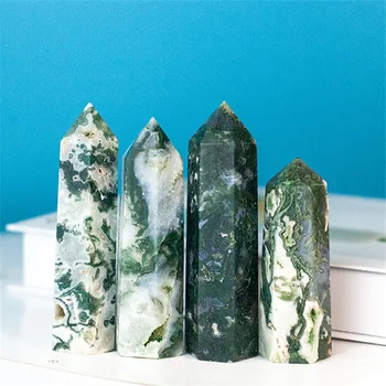 1P CNatural Crystal Léčení kámen Zelené vodní rostliny achát Crystal Point Moss Achát Křišťál šestihranné sloupec ozdoby
