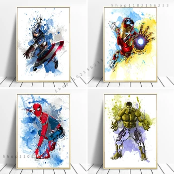 Marvel Superhrdina Akvarel Plátno Malování Spiderman, Kapitán IronMan Plakát Wall Art Street Obraz pro Obývací Pokoj Domácí Dekor