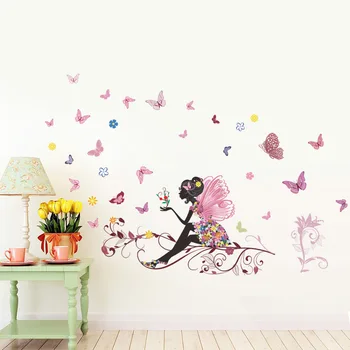 Motýl Květ Víla Samolepka na Zeď Pro Děti Pokoje Ložnice Decor Diy Karikatura Zeď Obtisky Nástěnné Umění PVC Plakáty pro Děti Dárek