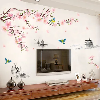 DIY Velké Tušové Malby Peach Blossom Čínský Styl Samolepky na Zeď Obývací Pokoj Pozadí Dekorace Krajiny, Plakáty