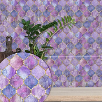 6Pc Fialové PVC Mozaika Samolepky na Zeď Koupelna Kuchyň Lepící Dlaždice Nálepka Vodotěsné Ryby Měřítku Tapety Obtisk Home Art Dekor