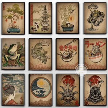 Japonská Žába s Trubkou Jídlo Sushi Ramen Plakáty Gejša Samuraj Wall Art Otisky Vintage Plátno Malba Obývací Pokoj Domácí Dekor