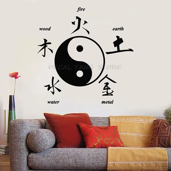 Zeď Obtisk Orientální Čínské Znaky Yin Yang Zen Asijském Stylu Dekor Interiéru pro Meditaci Pokoj Vinylové Samolepky Art Mural 1479