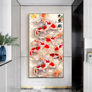 Čínský Styl Lotus Abstraktní Devět Koi Ryby Plátně Obraz, Plakát, Feng Shui Umění Zdi Vnitřní Malby Obývací Pokoj Domácí Dekor