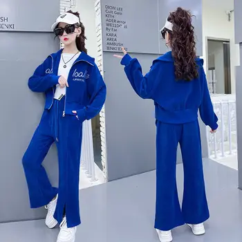 2022 korejské Dívky Zip Kabát Oblečení Set Módní Streetwear 2 ks Pruhované Topy Jogger Kalhoty Dospívající Dívky Oblečení 5-14 let