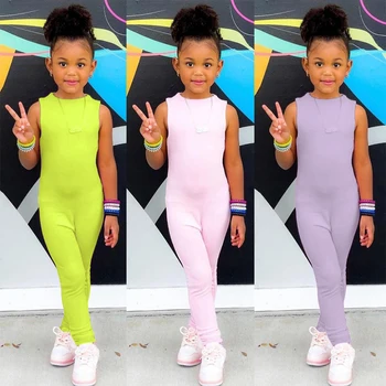 2022 Módní Baby Girl šaty bez Rukávů Kombinézy Letní Oblečení Candy Barva Pevné Elastické Obleky dětské Sportovní Školení Opotřebení