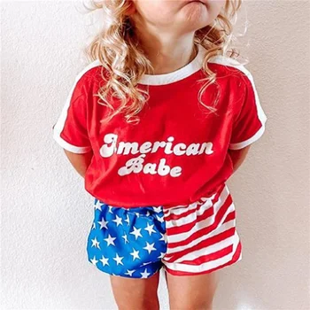 Novorozené Dítě Den Nezávislosti Kalhoty Oblek, Červená Kolem Krku T-shirt a Hvězdy a Pruhy Tisku Stahovací Šortky, 0-24 měsíců