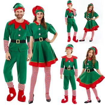 Vánoční Skřítek Rodiny Kostým Roli Hraje Oblečení Zelené Santa Claus Party Výkonu Fancy Oblečení pro Muže, Ženy, Dívky, Chlapci