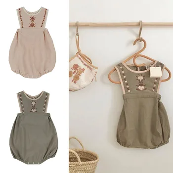 EnkeliBB APO Baby Girl Letní Vintage Šaty Krásné Módní výšivky Romper Zelená/Růžová Batole Bublina Dupačky Evropské