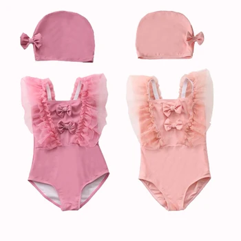 Plavky Dívky 2021 Letní Růžové Krajkové šaty bez Rukávů z Jednoho kusu Plavky A Klobouk Děti Plavky 0-6 LET Děti Plavky Pro Dívky
