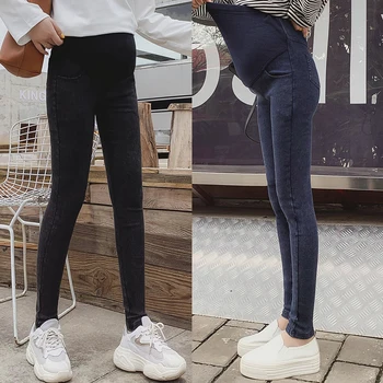 Korejský módní těhotenství žaludku výtah kalhoty, podzimní a zimní nové těhotné ženy, vysoce elastické smažené květina nohy džíny