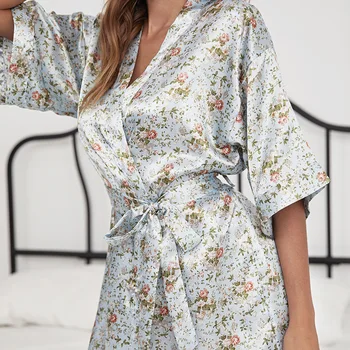 Saténové Roucho Ženy Květinové Tisk Košile Sexy Spodní Prádlo Noční Prádlo Letní Volné Kimono Župan Šaty Lounge Nosit Výstřih Sleepwear