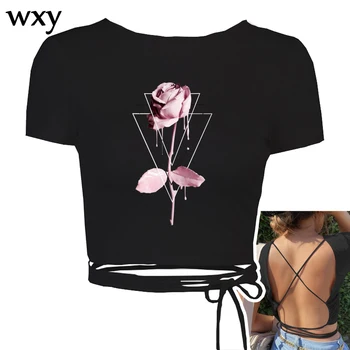Růže květ ženy t-shirt Módní Krátký Rukáv T košile dívky crop top y2k Akvarel květinové Ležérní Oblečení camiseta tee футболка