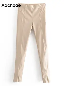 Aachoae Ženy Elegantní PU Umělé Kůže elastické Kalhoty 2021 Solidní Vysokým Pasem, Dámy Tužka Kalhoty Plné Délce Dna Streetwear