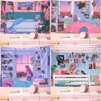 Anime Gobelín Kawaii Krásné Holčičí Brzy Ráno Zeď Pláži Deku Ložnice Dekorace Design Trippy Roztomilé Růžové Pozadí