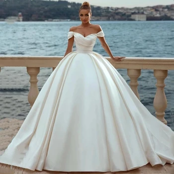 2023 Sexy Off Rameno Svatební Šaty Satén Ivory-Line Skládaný Jednoduchý Princezna Svatební Šaty Vestidos De Novia Formální Večírek