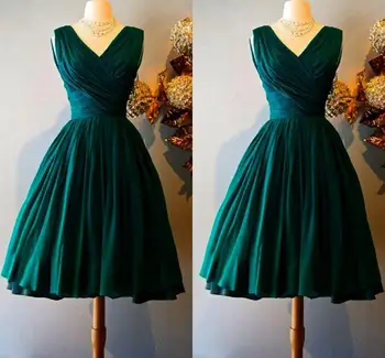 2023 Elegantní Tmavě Zelené Prom Šaty Vintage Kolena Délka Party Šaty Výstřih do V Satén Skládaný Vestidos de Noiva