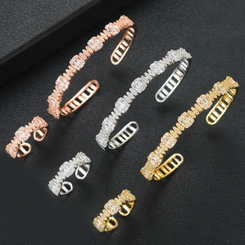 GODKI Luxusní Stohovatelné Náramek Prsten Pro Ženy Plné Mikro Bageta Kubický Zirkon Strana Svatební Saúdské arabské Dubaji Šperky Sady