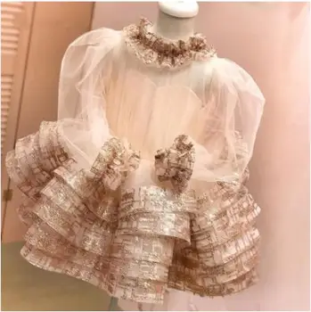 Nové Šampaňské Princezna Šaty Baby Girl Oblečení Dlouhý Rukáv Narozeninové Party Vestido Nosit 1-14