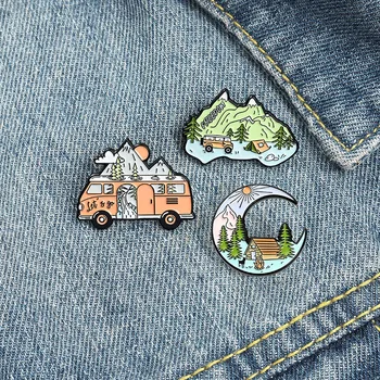 Kreslený Camping Auto Kovový Odznak Smalt Pin Kreativní Hory Stan Brož Batoh Oblečení Klopě Pin Šperky Dárek pro Přátele