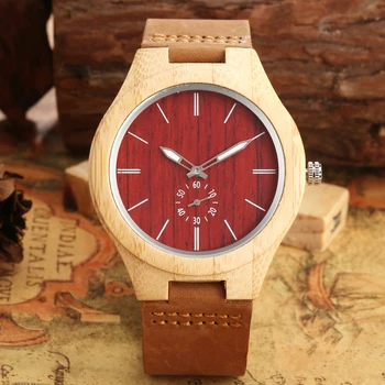 Dřevěné Hodinky Pánské Unikátní Červenou vteřinovou ručičkou Tvář Dial Hodiny Dřeva Quartz Hodinky Unisex Pravé Kůže Wristwatche