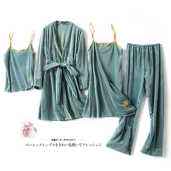 Ženský Samet 4KS Pyžamo Set oblečení na Spaní Sexy Výšivky Kimono Župan Šaty Podzim Zima Sametové noční Prádlo Volné Domácí Nošení