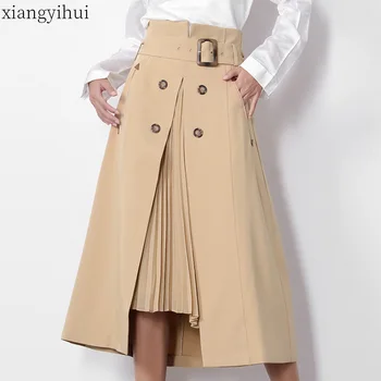 Khaki Vintage Střední-Dlouhé Sukně Ženy Elegantní Letní Vysokým Pasem Sukně Módní Dvojí Breasted Páskem Nad Kolena Délka Sukně New Příjezdu