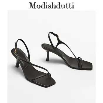 Modishdutti 2022 Letní Ženy Módní Pravé Kůže Jedním Slovem Pás Stiletto Vysoké Podpatky Boty Žena Solidní Jednoduché Ležérní Sandál 