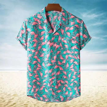 V létě roku 2022 Pánské Flamingo Print Hawaii Aloha Tričko Krátký Rukáv Beach Party Slavnostní Oblečení