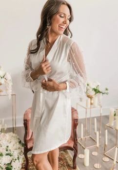 Svatební šaty s Pearl Rukávy Bílé Roucho pro Nevěstu Krátké Šaty 2022 Hedvábí Saténové Šaty Dámské Šaty Svatební Kimono Nové