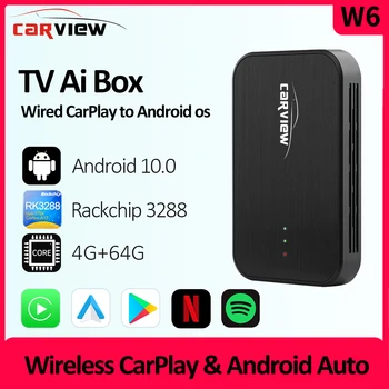 CARVIEW CarPlay Ai Box Android 10.0 4+64GB 4-Core Plug and Play Bezdrátové CarPlay, Android Auto, YouTube, Netflix TV, Vestavěné Gps