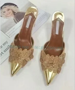 Luxusní Zlaté Květinové Špičaté Toe Sexy Pantofle Dámské Kožené Drahokamu Jehlové Vysoký Podpatek Sandály New Večer Lady Crystal Boty