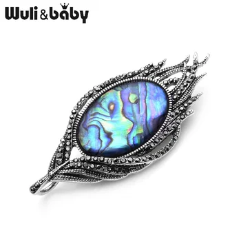 Wuli&Baby Přírodní Abalone Péřové Brože Pro Ženy Slitiny Metal Velký Kus Shell Brož Kolíky Vintage Šperky Příslušenství