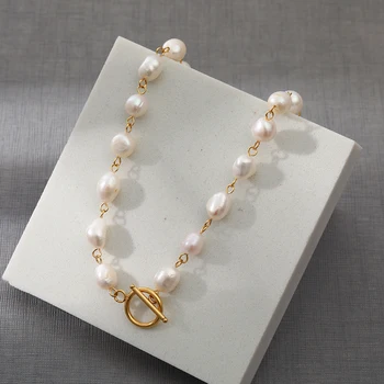 Módní Přírodní Sladkovodní Pearl z Nerezové Oceli Náhrdelník Pro Ženy Jednoduché Dámské 18K Real Pozlacené Šperky Příslušenství
