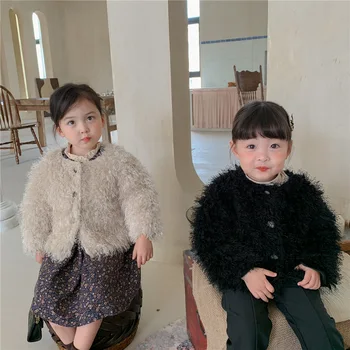 Dětské Oblečení 2022 Podzim Zima Dívky Vlněný Kabát Korejský Styl Děti Oblečení Dívky Umělé Kožešiny, Módní Zimní Kabát Krátký