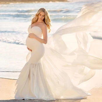 2023 Shoulderless Mořská panna svatební Šaty Těhotenské Oblečení pro Těhotné Kostým Fialová Bílá Dámské Maxi Šaty Focení Šaty Vestidos