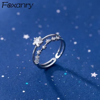 FOXANRY Stříbrná Barva Prsteny pro Ženy Móda Okouzlující Dvojitá Vrstva Design Šumivé Hvězda, Zirkon Nevěsta Šperky Milenec Dárky