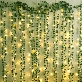 2.3 m Hedvábné Listy Falešné Liána, Zelený, List Břečťanu Révy 2m LED String Světla Pro Domácí Svatební Party Visí Věnec Umělá Květina